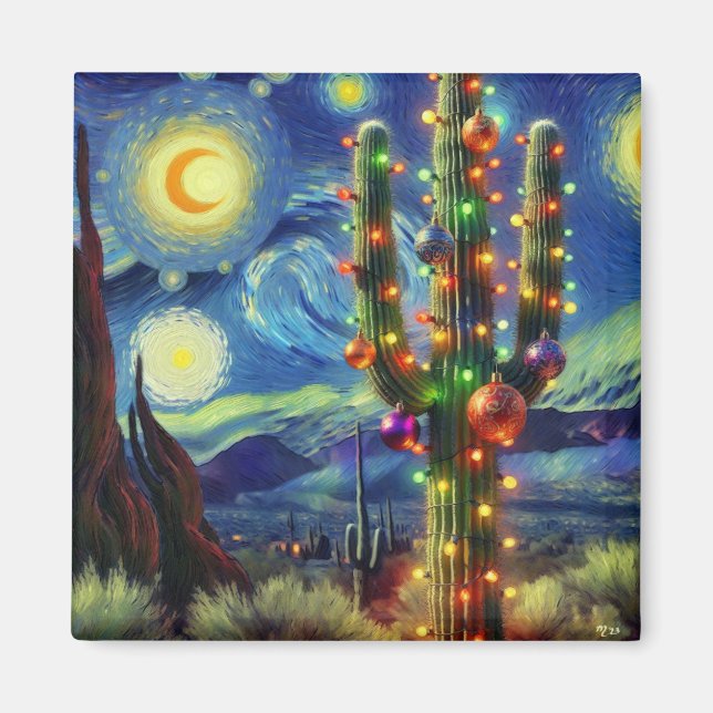 Christmas in the Desert Southwest Saguaro Cactus Magnet (Front)