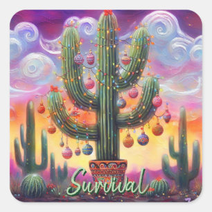 Christmas in the Desert Southwest Saguaro Cactus Square Sticker