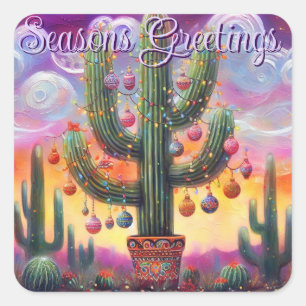 Christmas in the Desert Southwest Saguaro Cactus Square Sticker