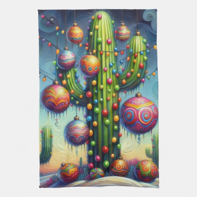 Christmas in the Desert Southwest Saguaro Cactus Tea Towel (Vertical)