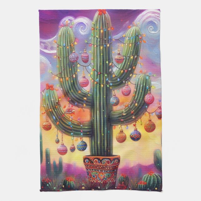 Christmas in the Desert Southwest Saguaro Cactus Tea Towel (Vertical)
