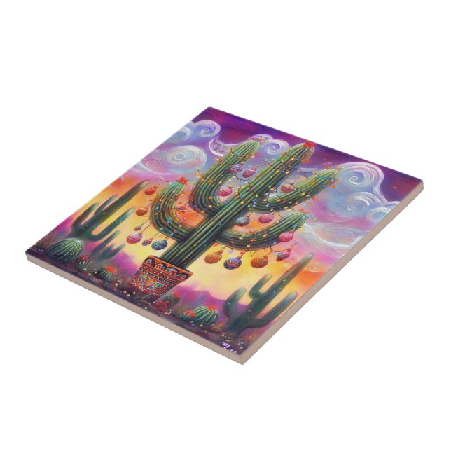 Christmas in the Desert Southwest Saguaro Cactus Tile (Side)