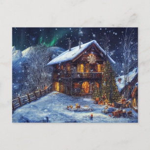 Christmas in the mountains. Alpine hut with polar  Postcard