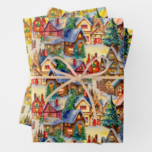 Christmas in Whimsical Village in various lights Wrapping Paper Sheet