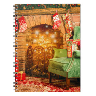 Christmas interior room fireplace, Christmas tree, Notebook