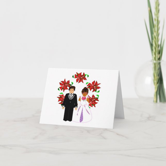Christmas Interracial Wedding Couple With Wreath Holiday Card (Front)