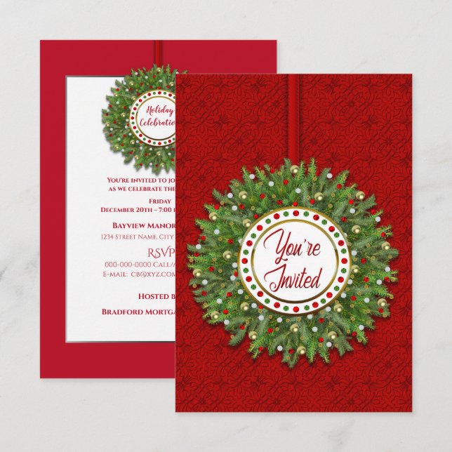 Christmas, Invitation, Christmas Wreath on Red Invitation (Front/Back)