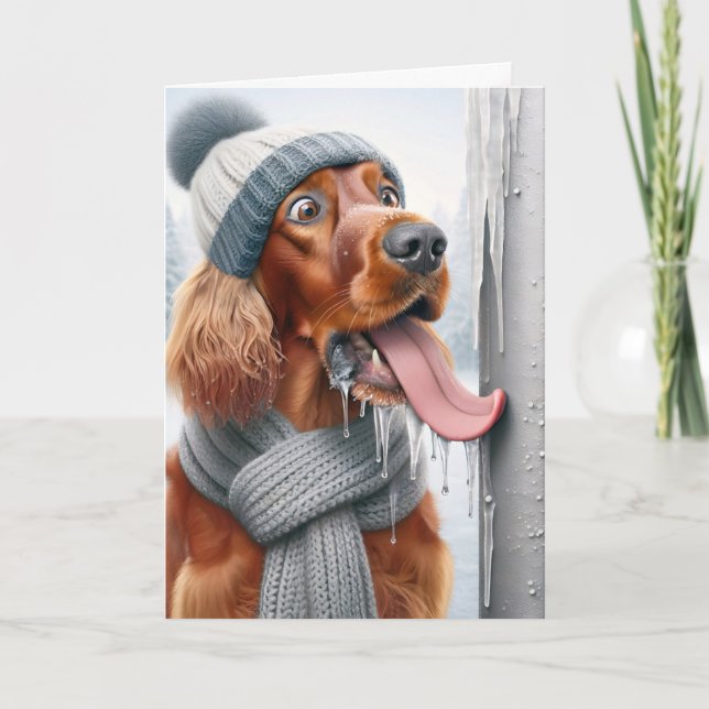 Christmas Irish Setter Dog Licking A Frozen Pole Holiday Card (Front)