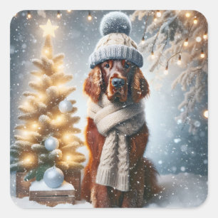 Christmas Irish Setter With Scarf and Hat Square Sticker