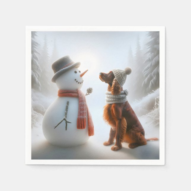 Christmas Irish Setter With Snowman Napkin (Front)