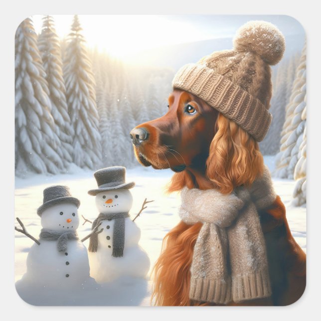 Christmas Irish Setter With Snowmen Square Sticker (Front)