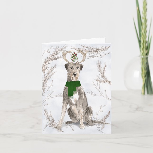 Christmas Irish Wolfhound and Botanical Pines Holiday Card (Front)