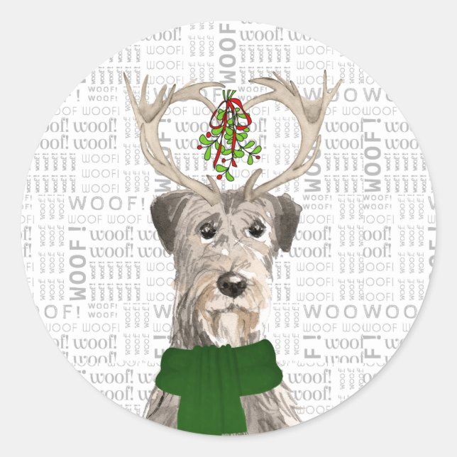 Christmas Irish Wolfhound and Woof Art Dog Lover Classic Round Sticker (Front)