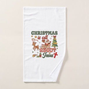 Christmas Is All About Jesus Santa Sleigh Reindeer Hand Towel