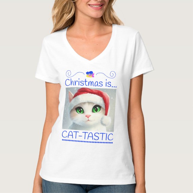 Christmas Is Cat-tastic Cute Cat T-Shirt (Front)
