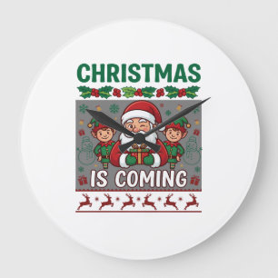 Christmas Is Coming Santa Claus Elves Reindeer Large Clock