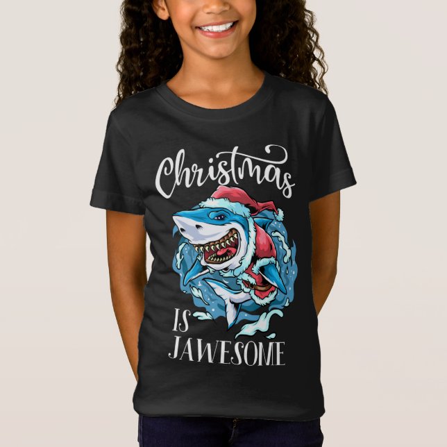 Christmas Is Jawesome Great White Shark Santa Clau T-Shirt (Front)