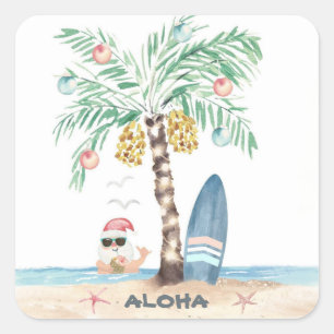 Christmas Island Palm Surf Santa Tropical Beach Square Sticker