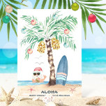 Christmas Island Surf Santa Aloha Tropical Beach Holiday Card<br><div class="desc">Surf theme Christmas card features a palm tree (decorated with ornaments and string lights) on a tropical island with a surfboard,  starfish,  sea birds and Santa swimming in the ocean giving the Aloha sign while enjoying a tropical beverage. Both lines of text can be personalised. Art by KL Stock</div>