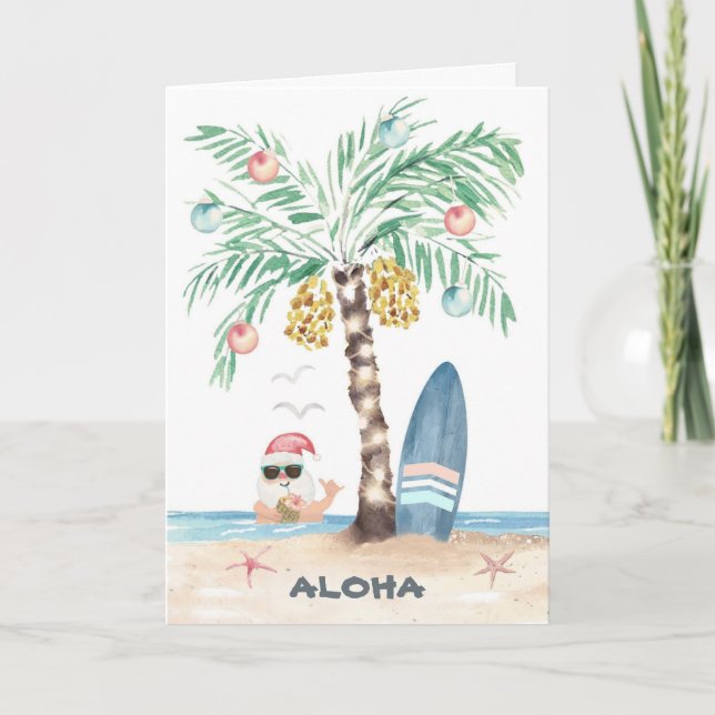Christmas Island Surf Santa Palm Tree Beach Holiday Card (Front)