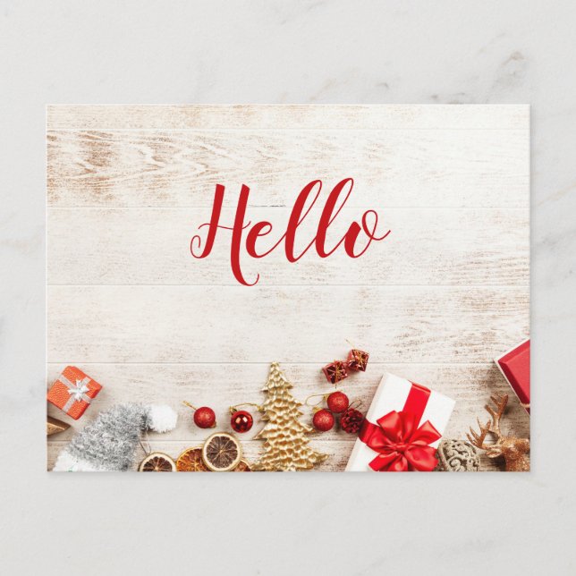 Christmas Items on a Rustic Wooden Board Hello Postcard (Front)