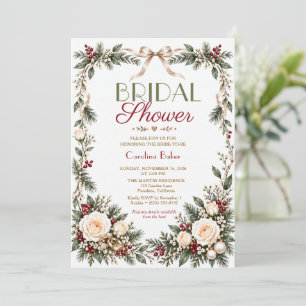 Christmas Ivory Rose Bow Bridal Shower Invitation