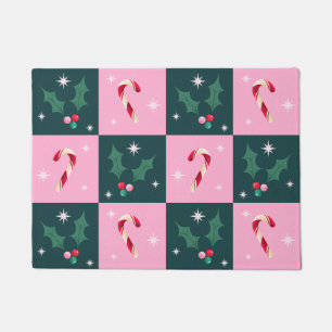 Christmas Ivy, Candy Cane with Stars Chequerboard Doormat