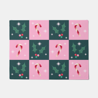 Christmas Ivy, Candy Cane with Stars Chequerboard Doormat