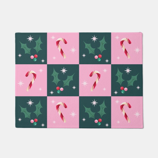 Christmas Ivy, Candy Cane with Stars Chequerboard Doormat (Front)
