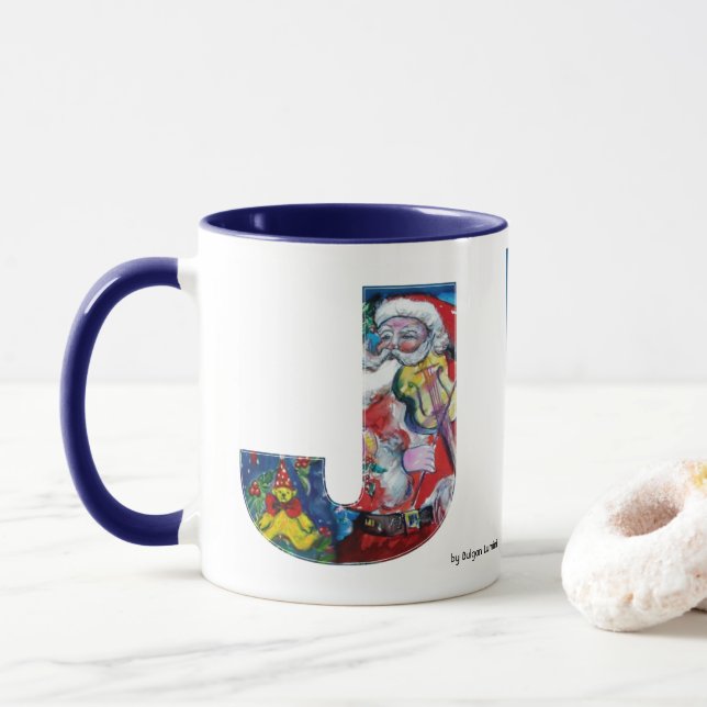CHRISTMAS J LETTER / SANTA  WITH VIOLIN MONOGRAM MUG (With Donut)