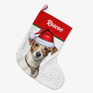 Christmas Jack Russell with Name Woof Background Large Christmas Stocking