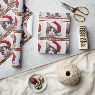 Christmas Japanese Bobtail Cat, Xmas Santa Kitten Wrapping Paper