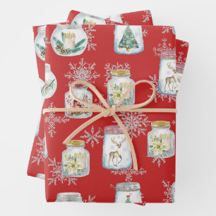 Christmas Jars and Snowflakes Red  Wrapping Paper Sheet