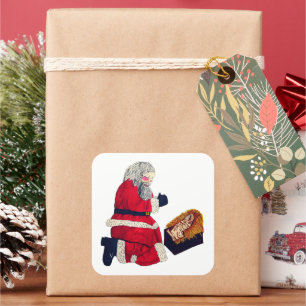 CHRISTMAS JESUS AND SANTA SQUARE STICKER