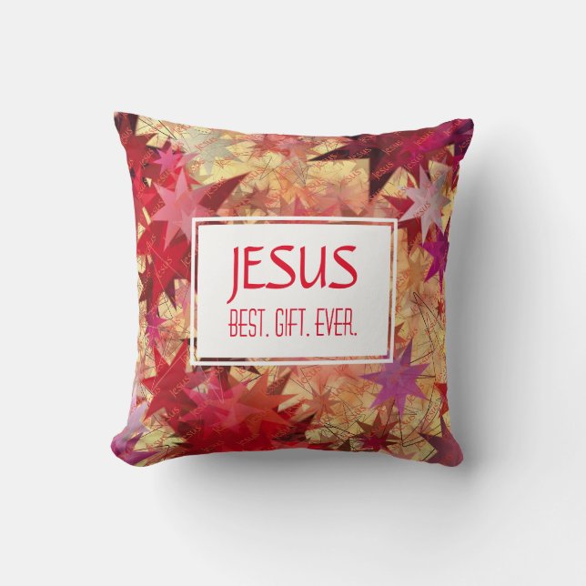 Christmas JESUS BEST GIFT EVER Red Pink Stars Cushion (Front)
