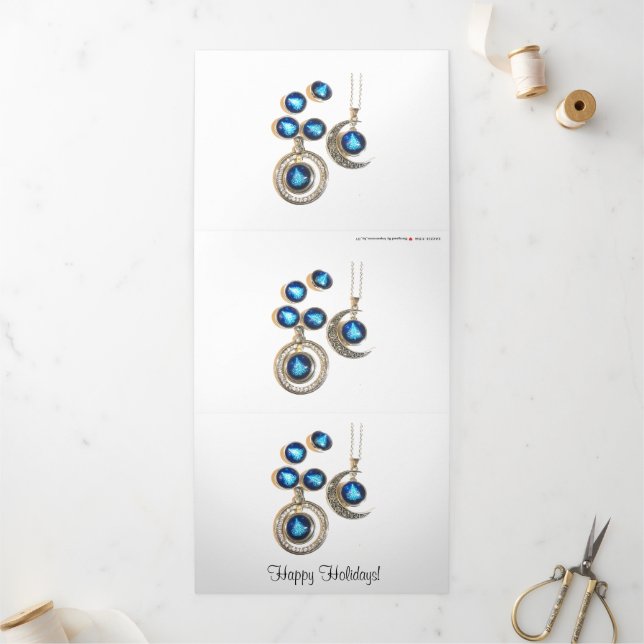Christmas jewellery Tree blue black bright Moon  Tri-Fold Holiday Card (Outside)