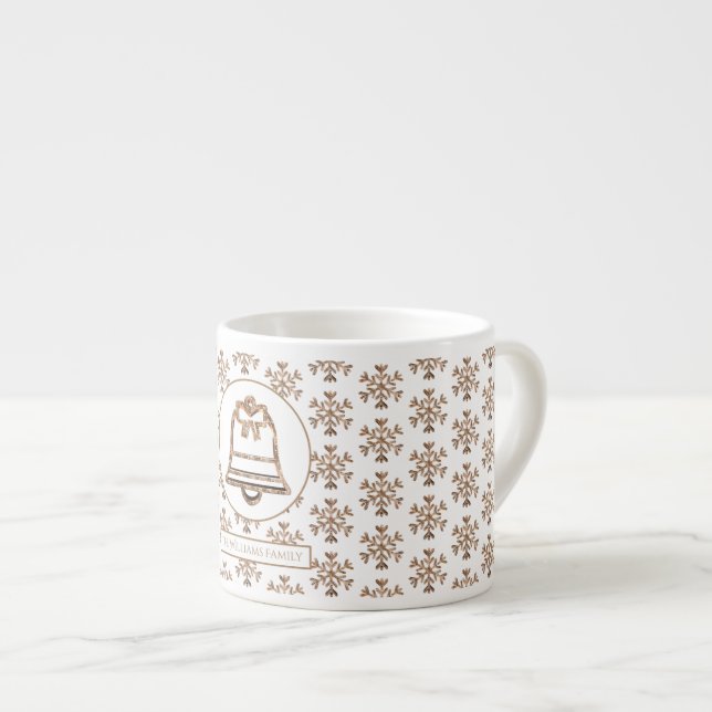 Christmas Jingle Bell Snowflakes White and Gold Espresso Cup (Front Right)