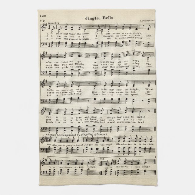 Christmas Jingle Bells Carols Sheet Music Tea Towel (Vertical)