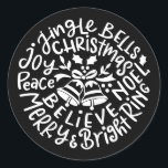 Christmas Jingle Bells Peace Joy Merry Bright Noel Classic Round Sticker<br><div class="desc">A wonderful typography composition of classic Christmas quote (Merry Christmas, Jingle Bells, Joy Peace Love, Merry and Bright, Believe and Noel) frames two bells and mistletoe. Perfect to seal you Christmas and Holidays letters and Holiday cards or to adorn your Presents under the Christmas tree! Black colour is fully changeable,...</div>