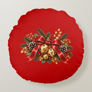 Christmas Jingle Bells Red Bow Festive Round Cushion