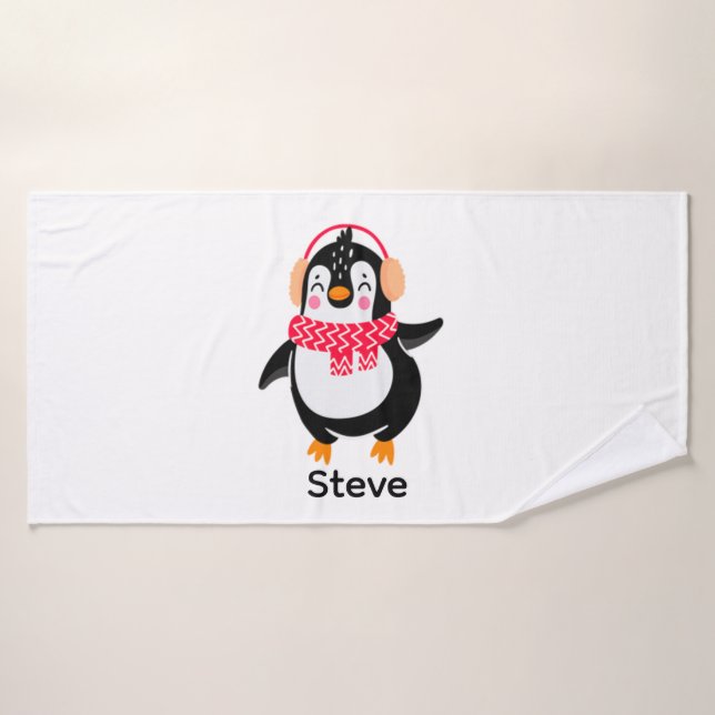 Christmas Jolly Penguin in Scarf with Ear Muffs Bath Towel (Bath Towel)