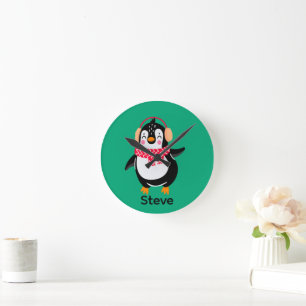 Christmas Jolly Penguin in Scarf with Ear Muffs Round Clock