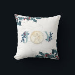 Christmas Joy Beach Coastal Sand Dollar Blue Holly Cushion<br><div class="desc">Simple. Modern. Elegant watercolor design with holly in blues with red and typography design, "JOY" dusty blue with an off white watercolor painted sand dollar. Calligraphy scroll flourishes finish off the image. Uses vintage holly artwork mixed with watercolor painted seashell by internationally licensed artist and designer, Audrey Jeanne Roberts, copyright....</div>