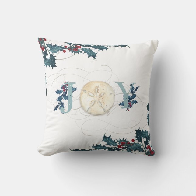 Christmas Joy Beach Coastal Sand Dollar Blue Holly Cushion (Front)