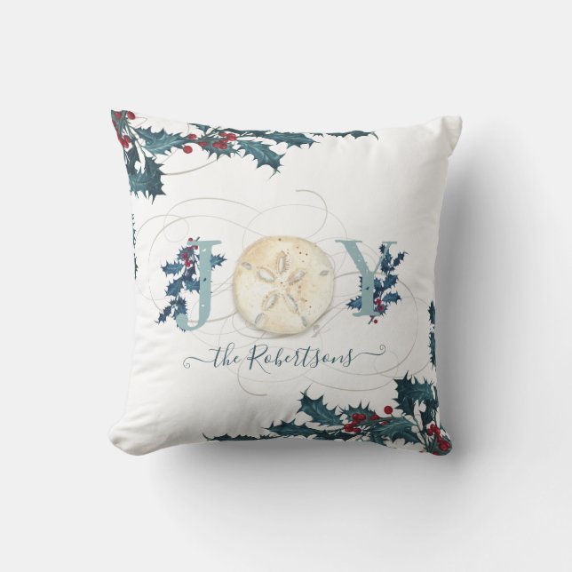 Christmas Joy Beach Coastal Sand Dollar Holly Name Cushion (Front)