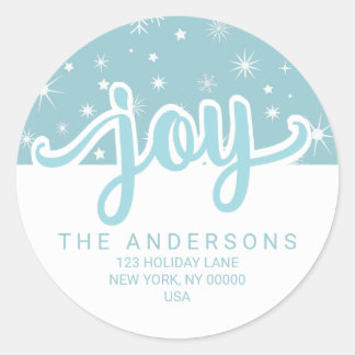 Christmas Joy Blue and White Handwritten Address Classic Round Sticker