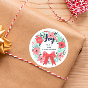 Christmas Joy Bow Wreath Blue Holiday Classic Round Sticker