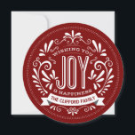 CHRISTMAS JOY CHALK ART ROUND PHOTO GREETING HOLIDAY CARD<br><div class="desc">WISHING YOU JOY: Bright and cheerful elegant round chalkboard style Christmas holiday ornament with retro banner, vintage cranberry red and white typography, and fancy swirls. Personalize this decorative holiday photo greeting card with your family name. Add your favorite holiday family picture and customize the text. Contemporary, classic, modern and stylish...</div>