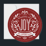 CHRISTMAS JOY CHALK ART ROUND PHOTO GREETING HOLIDAY CARD<br><div class="desc">WISHING YOU JOY: Bright and cheerful elegant round chalkboard style Christmas holiday ornament with retro banner, vintage cranberry red and white typography, and fancy swirls. Personalize this decorative holiday photo greeting card with your family name. Add your favorite holiday family picture and customize the text. Contemporary, classic, modern and stylish...</div>