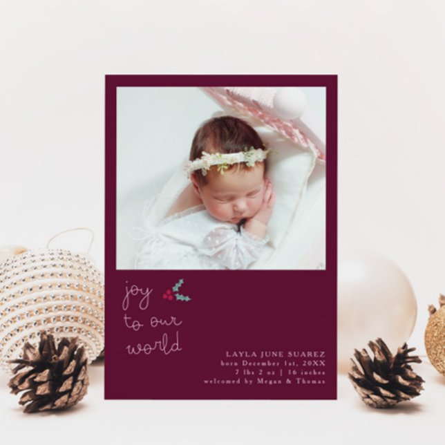 Christmas Joy Cranberry Photo Birth Announcement (Creator Uploaded)
